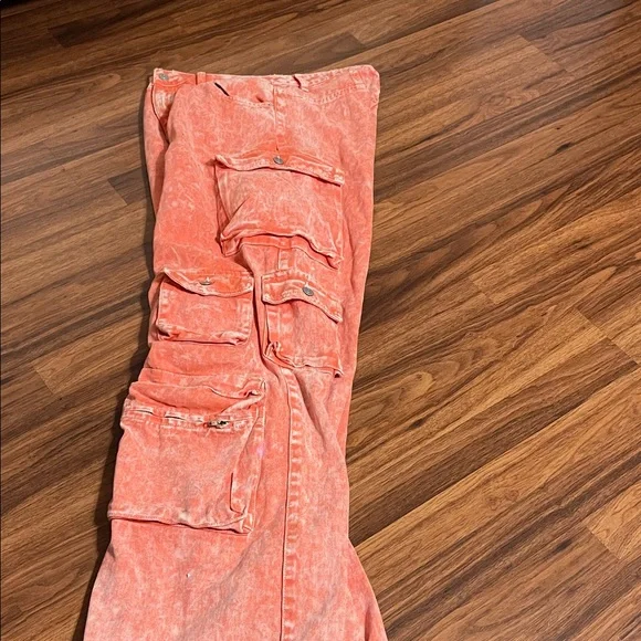 High Rise Orange Acid Wash Cargo Baggy jeans size 11 - Picture 9 of 11